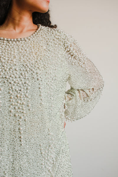 1980s Mint Silk Beaded Shift Dress