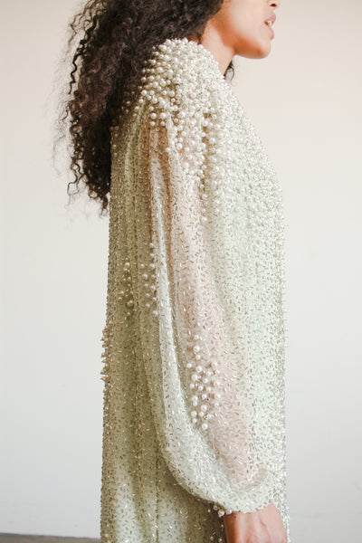 1980s Mint Silk Beaded Shift Dress