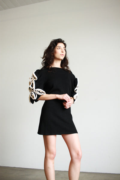 1980s Black Rosette Wool Knit Mini Dress