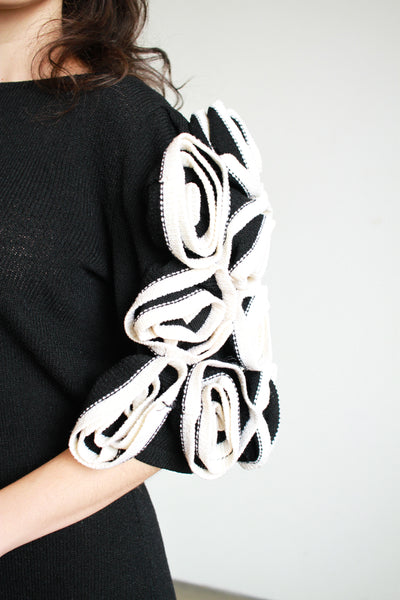 1980s Black Rosette Wool Knit Mini Dress