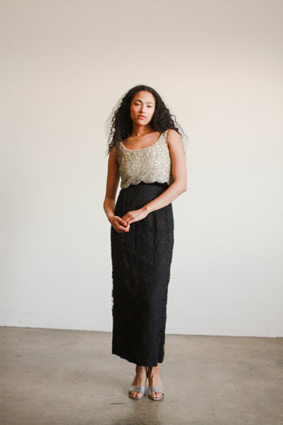 1950s Black and White Beaded Lace Tiered Dress