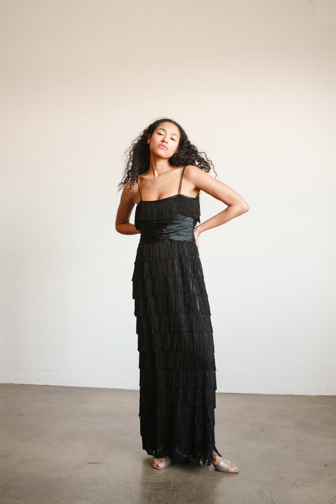1940s Black Silk Fringe Evening Dress – Blossom Vintage