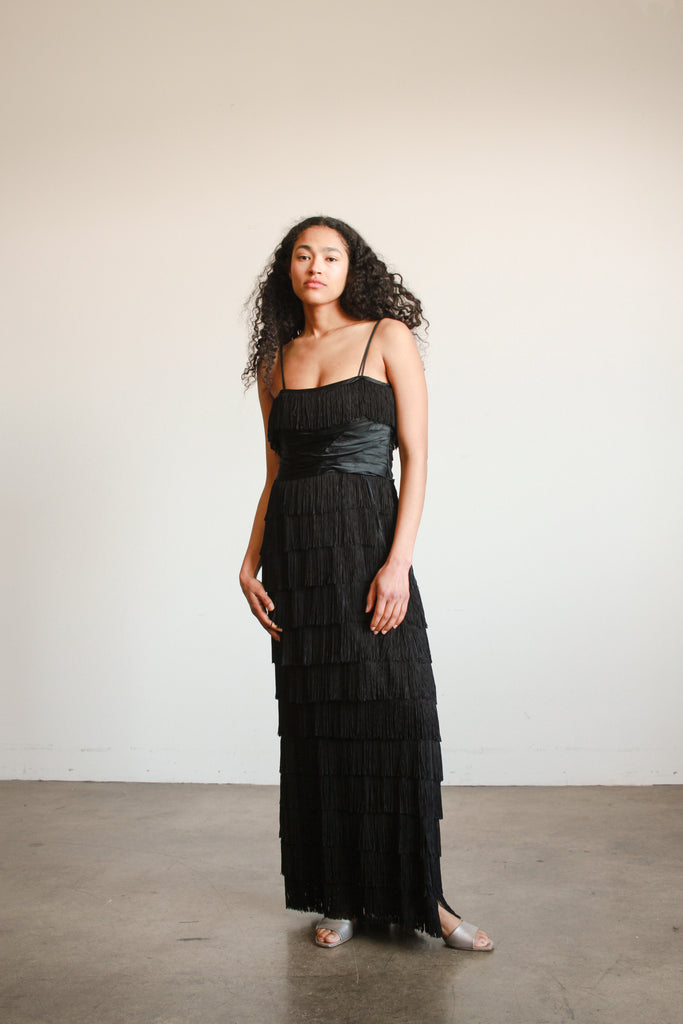 1940s Black Silk Fringe Evening Dress Blossom Vintage 1940s Black Silk Fringe Evening Dress Blossom Vintage