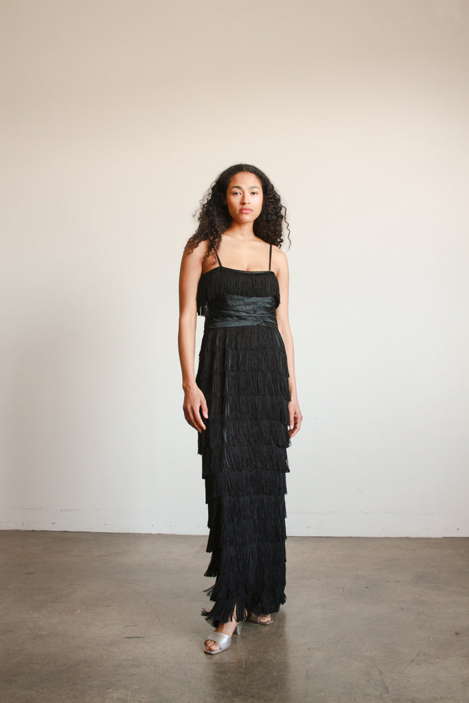 1940s Black Silk Fringe Evening Dress Blossom Vintage 1940s Black Silk Fringe Evening Dress Blossom Vintage