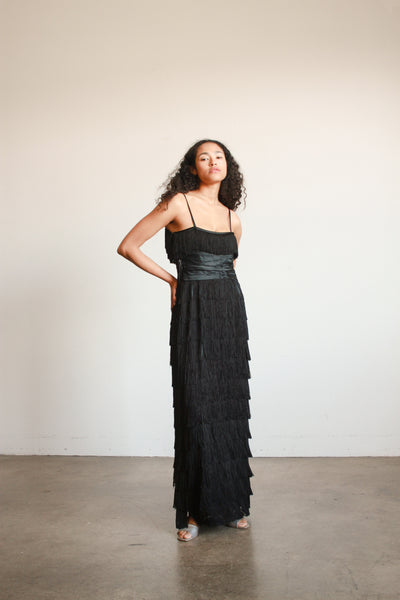 1940s Black Silk Fringe Evening Dress