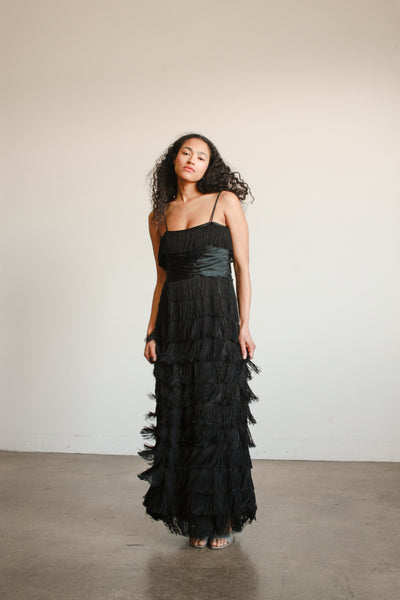 1940s Black Silk Fringe Evening Dress