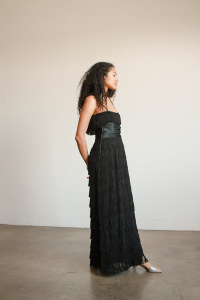 1940s Black Silk Fringe Evening Dress