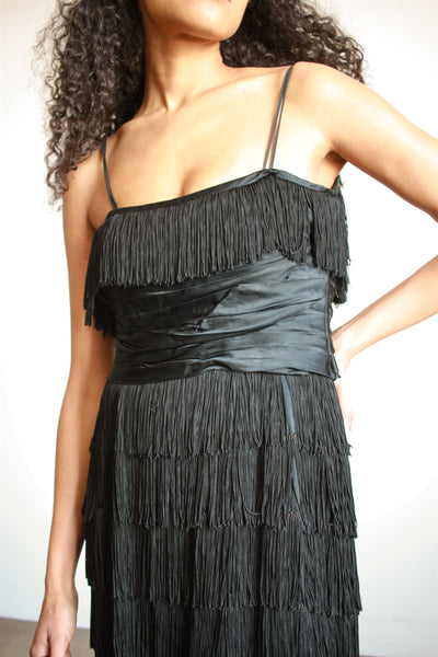 1940s Black Silk Fringe Evening Dress