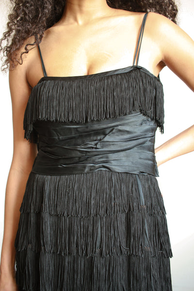 1940s Black Silk Fringe Evening Dress