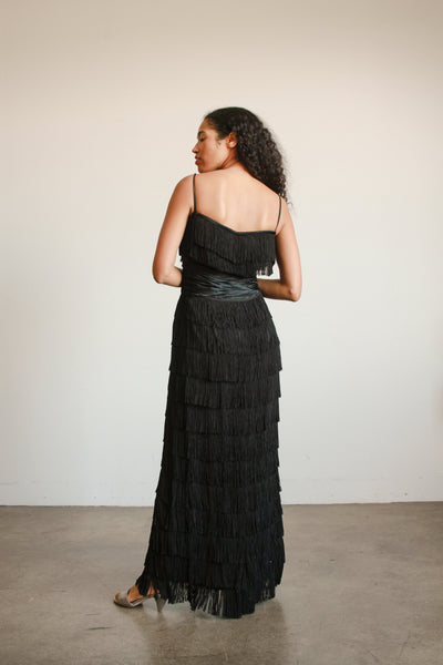 1940s Black Silk Fringe Evening Dress