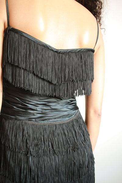 1940s Black Silk Fringe Evening Dress