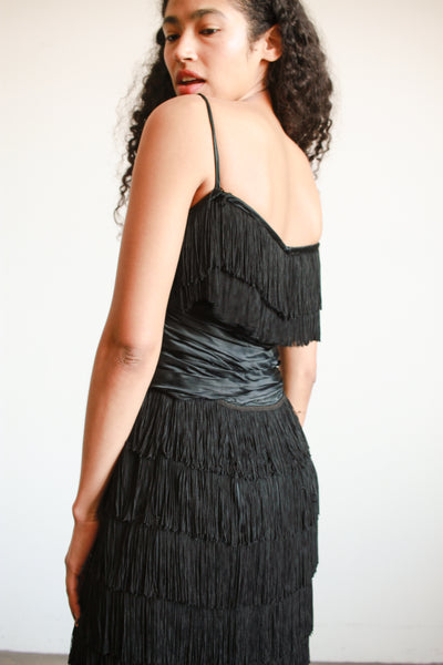 1940s Black Silk Fringe Evening Dress