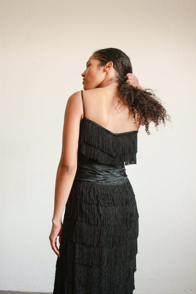 1940s Black Silk Fringe Evening Dress