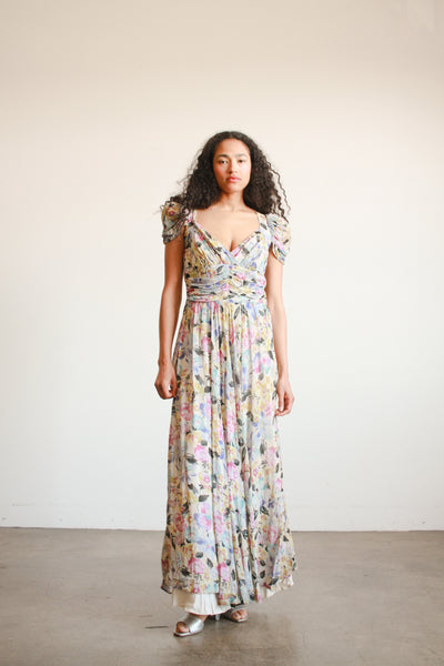 1940s Floral Print Chiffon Ruched Gown