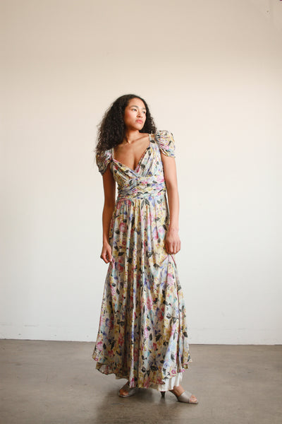 1940s Floral Print Chiffon Ruched Gown