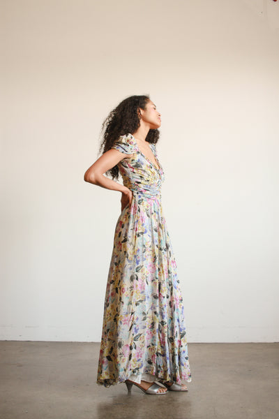 1940s Floral Print Chiffon Ruched Gown