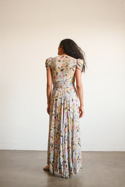 1940s Floral Print Chiffon Ruched Gown