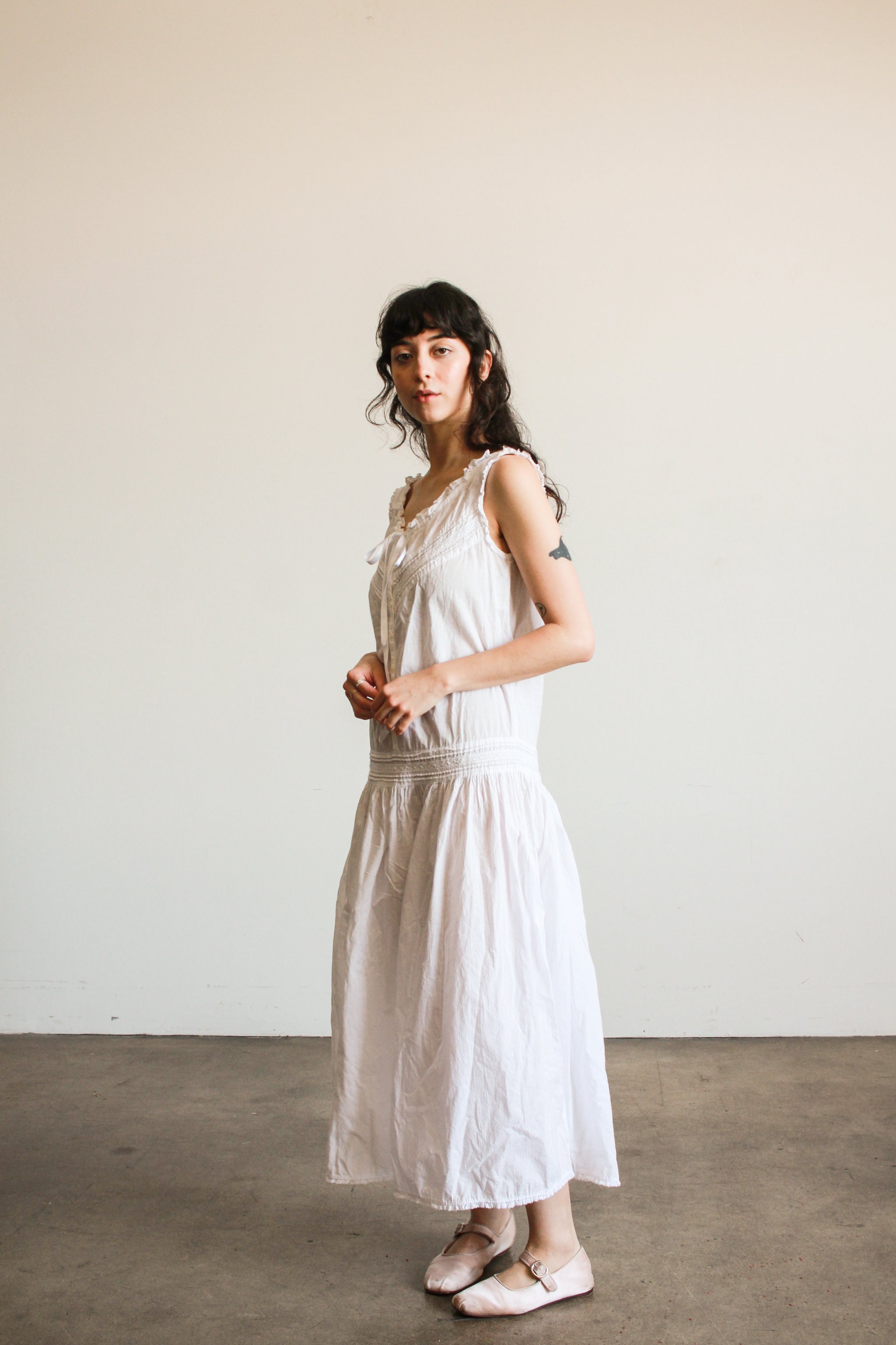 1980s White Cotton Cami Drop Waist Dress – Blossom Vintage