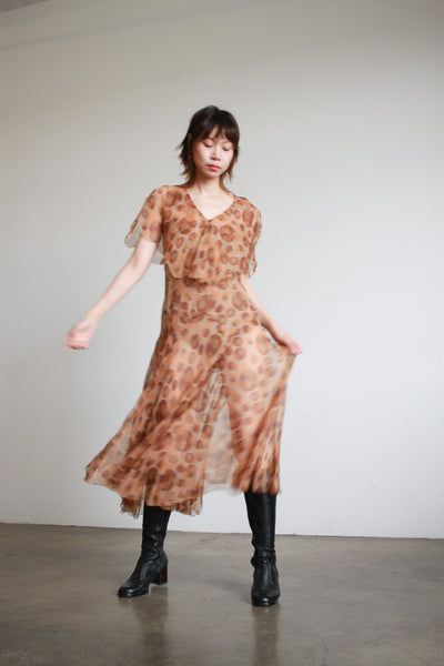 1920s Swirl Print Silk Chiffon Bias Dress