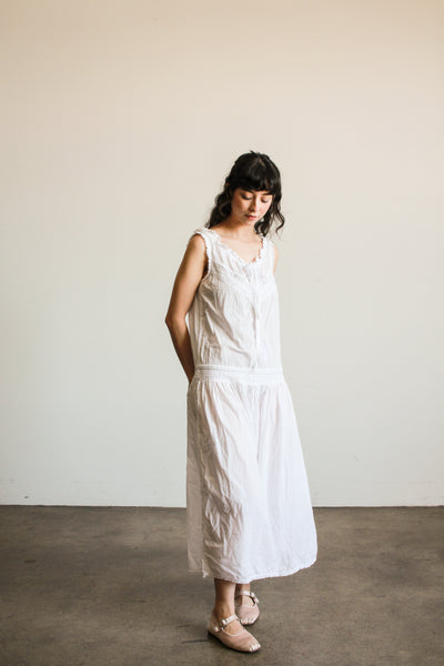 1980s White Cotton Cami Drop Waist Dress