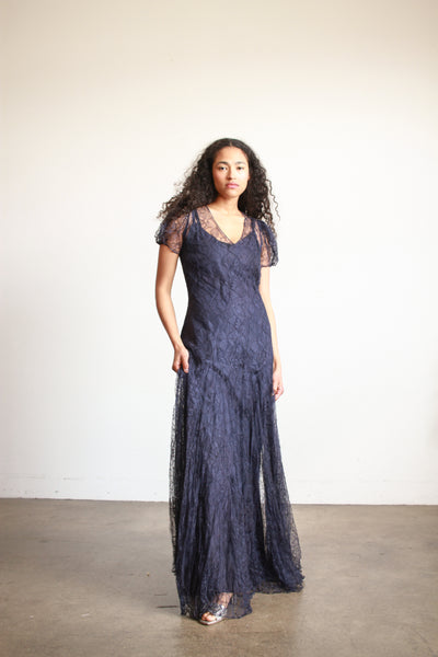 1930s Navy Lace Puff Sleeve Gown