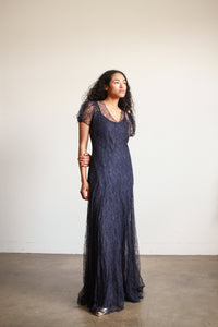 1930s Navy Lace Puff Sleeve Gown