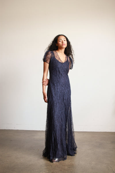 1930s Navy Lace Puff Sleeve Gown