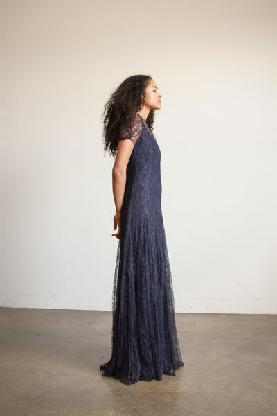 1930s Navy Lace Puff Sleeve Gown