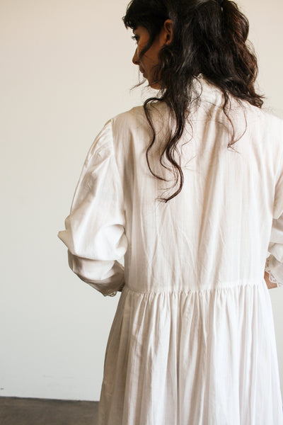 1980s White Cotton Lace Inlay Long Sleeve Dress