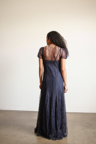 1930s Navy Lace Puff Sleeve Gown