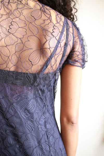 1930s Navy Lace Puff Sleeve Gown