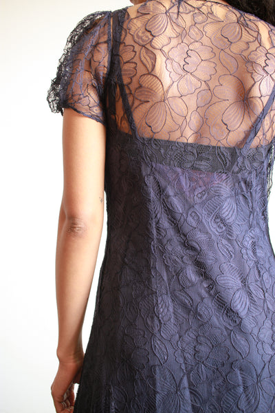 1930s Navy Lace Puff Sleeve Gown