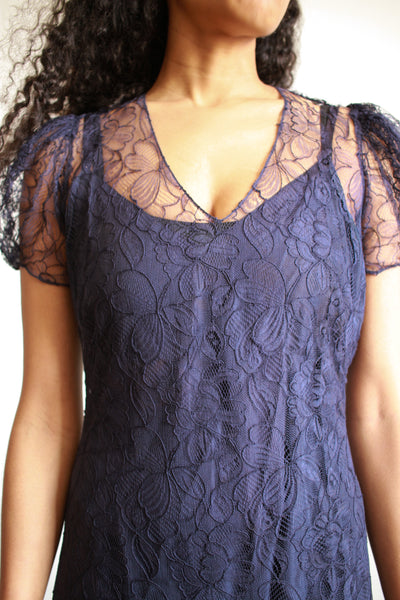 1930s Navy Lace Puff Sleeve Gown