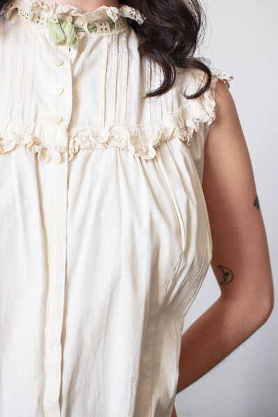 1900s Cream Cotton Lace Yoke Sleeveless Nightgown