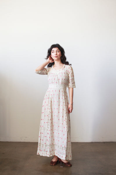 Edwardian Red Embroidered Cotton Voile Dress