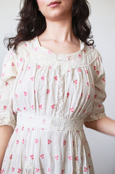 Edwardian Red Embroidered Cotton Voile Dress