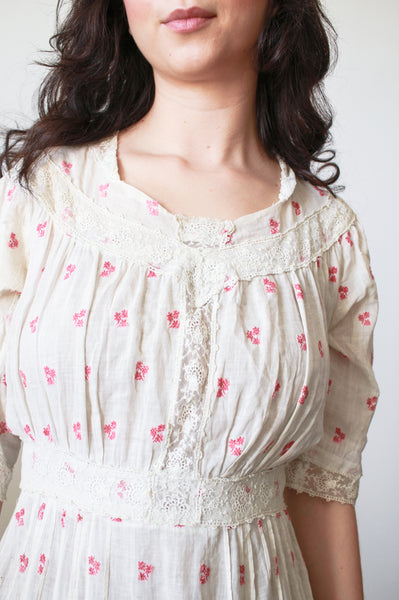 Edwardian Red Embroidered Cotton Voile Dress