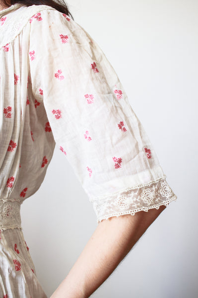 Edwardian Red Embroidered Cotton Voile Dress