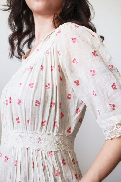 Edwardian Red Embroidered Cotton Voile Dress