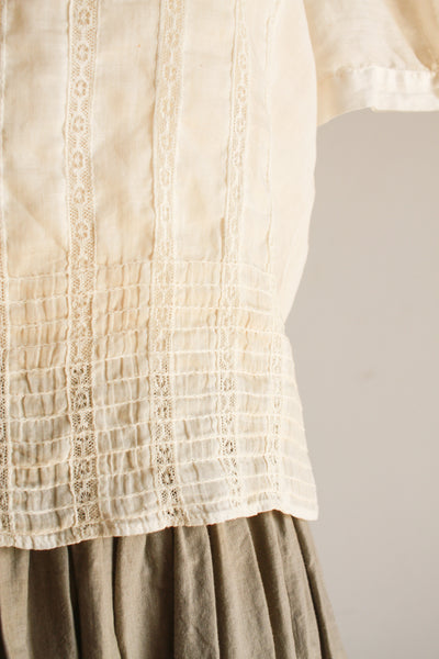 1920s Ecru Cotton Viole Lace Inlay Blouse
