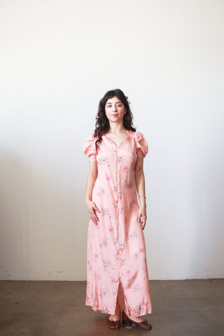 1940s Pink Cold Rayon Floral Puff Sleeve Dress