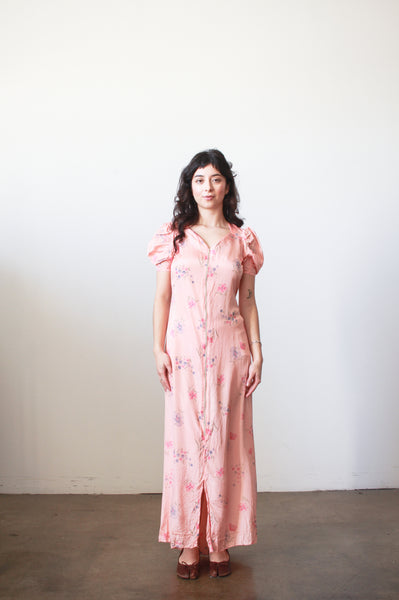 1940s Pink Cold Rayon Floral Puff Sleeve Dress