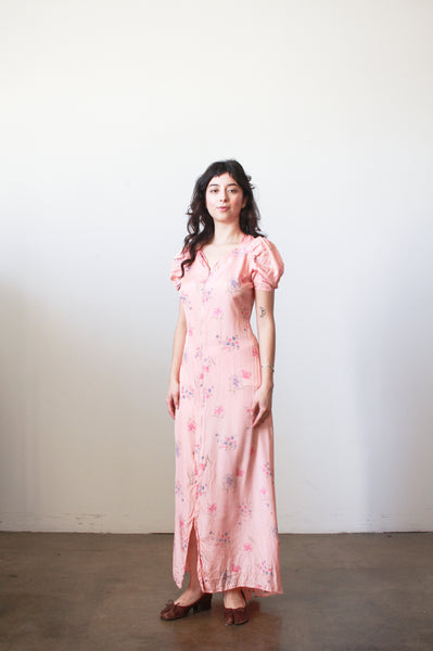 1940s Pink Cold Rayon Floral Puff Sleeve Dress