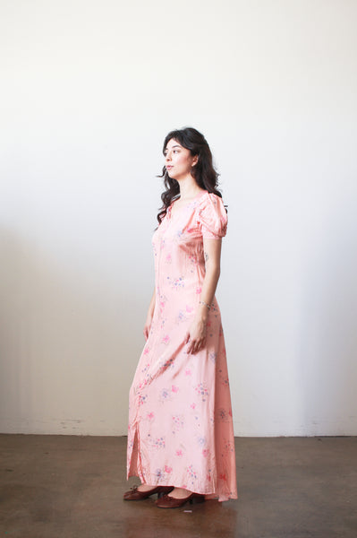 1940s Pink Cold Rayon Floral Puff Sleeve Dress
