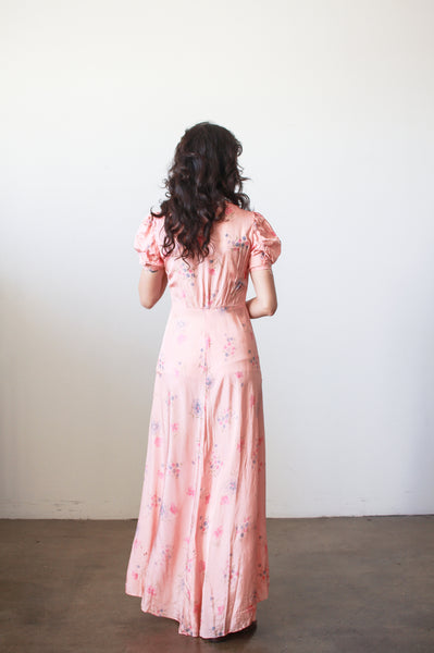 1940s Pink Cold Rayon Floral Puff Sleeve Dress