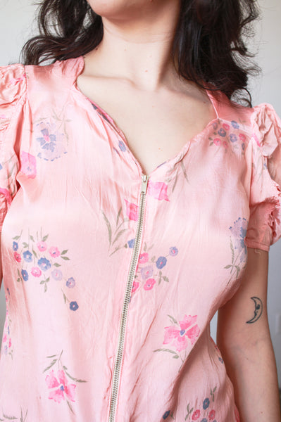 1940s Pink Cold Rayon Floral Puff Sleeve Dress