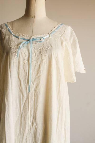 Edwardian White Cotton Embroidered Blue Ribbon Night Dress