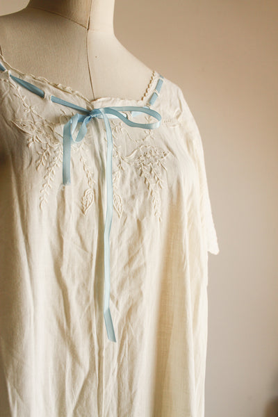 Edwardian White Cotton Embroidered Blue Ribbon Night Dress
