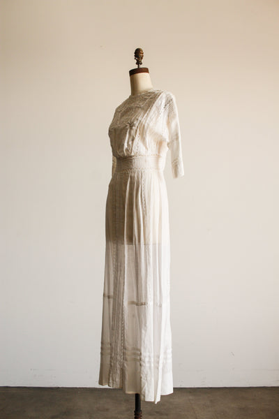 Edwardian White Cotton Voile Embroidered Lawn Dress