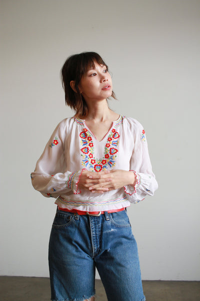 1940s Rayon Embroidered Hungarian Peasant Blouse